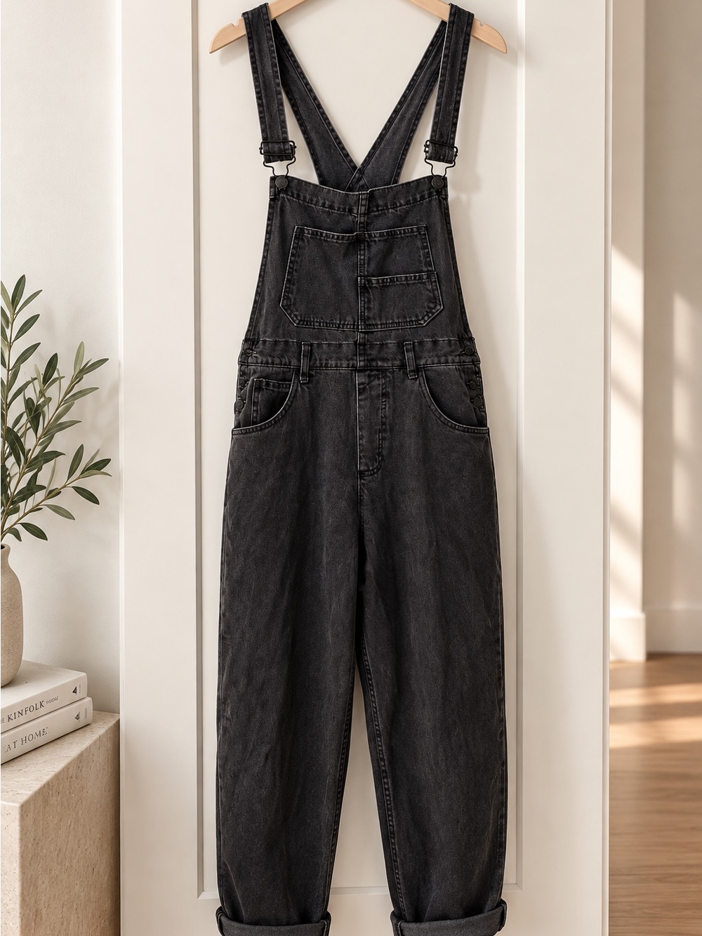 Free People Black Washed Denim Overalls Relaxed Boyfriend SIZE SMALL